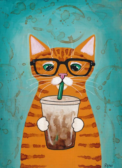 kilkennycat: Iced coffee and cats, two of my favorite things! I used real instant coffee to paint the iced coffee, cats stripes, and the background stains.