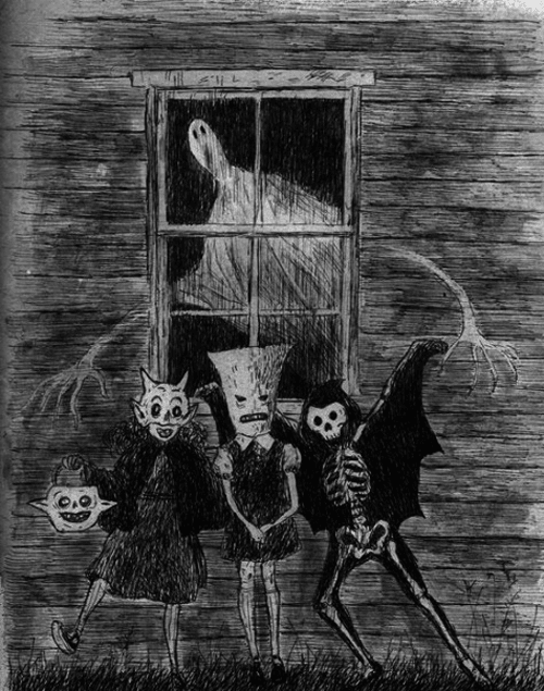 Skeletons and goblins by the ghost window.