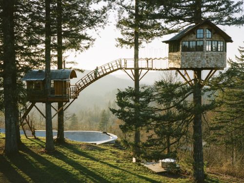 cabinporn: The Cinder Cone inÂ Skamania County, Washington. In the spring of 2014, Foster Huntington and a small group of friends broke ground on this property in the Columbia River Gorge. A year later, they finished construction on two treehouses, a wo