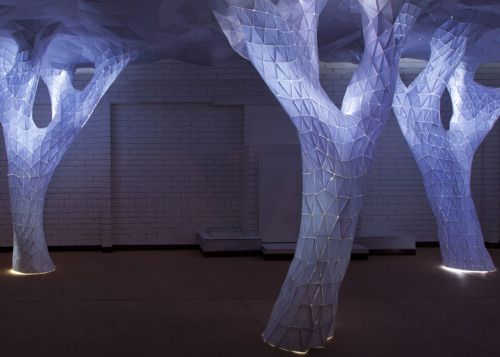 dezeen: London architecture studio Orproject has installed a forest of illuminated paper trees that join up to form a continuous canopy at a gallery in New Delhi