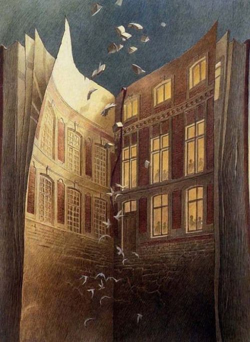 Inspired by artists and scientists alike, Schuitenâs work can be considered to mix the mysterious worlds of RenÃ© Magritte, the early scientific fantasies of Jules Verne, the graphical worlds of M. C. Escher and Gustave DorÃ©, and the architectur