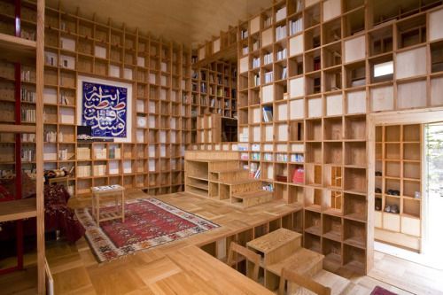 dezeen: This house in Osaka Prefecture, Japan, is completely lined with with pine shelves to display the ownersâ extensive collection of booksÂ Â»