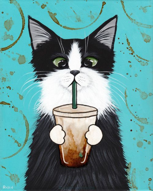 kilkennycat: Tuxedo kitty with iced coffee. =)