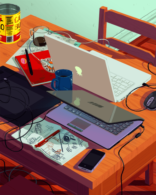 rebeccamock: Party This is a still life of the home studio Iâve kept recently. It draws partially from real life and partially from symbolism, fantasy, and narrative. gif version (x)