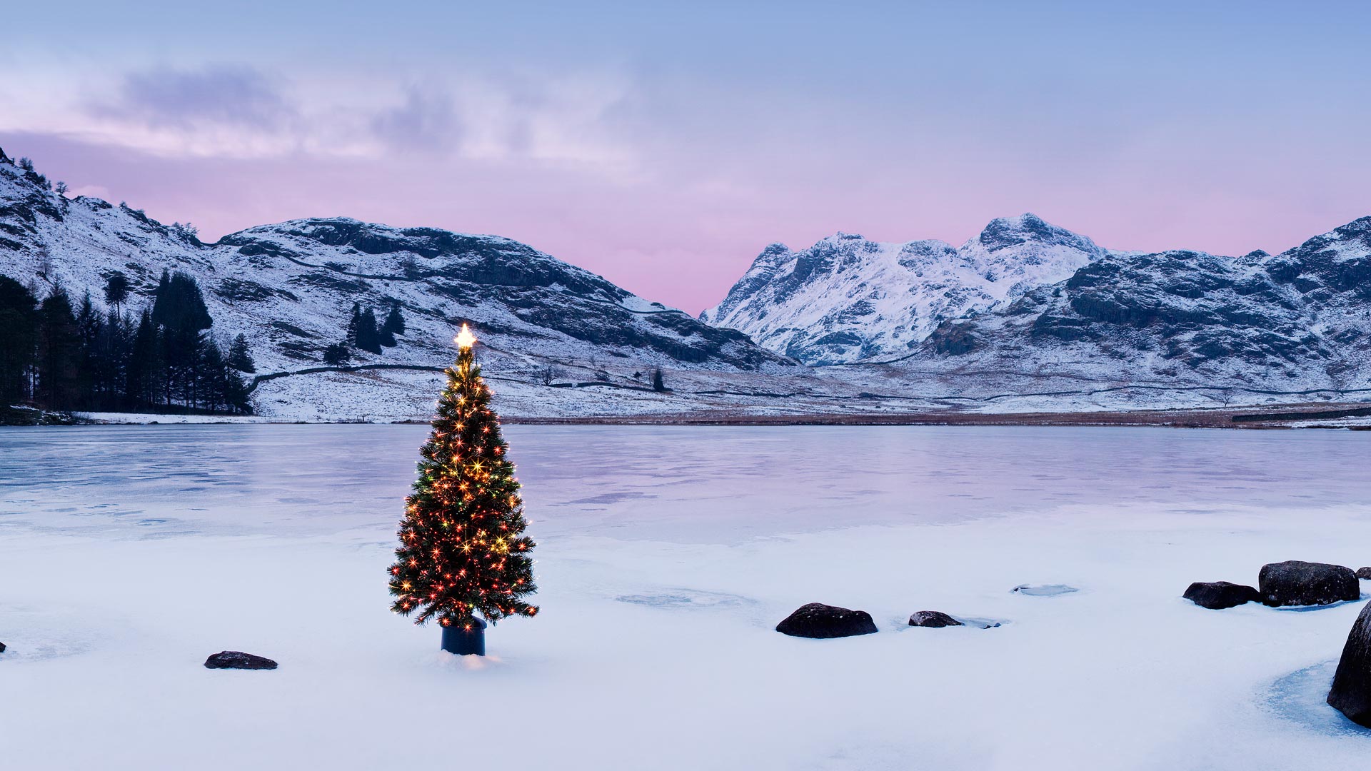 The Langdale Pikes with an illuminated Christmas tree, Lake District