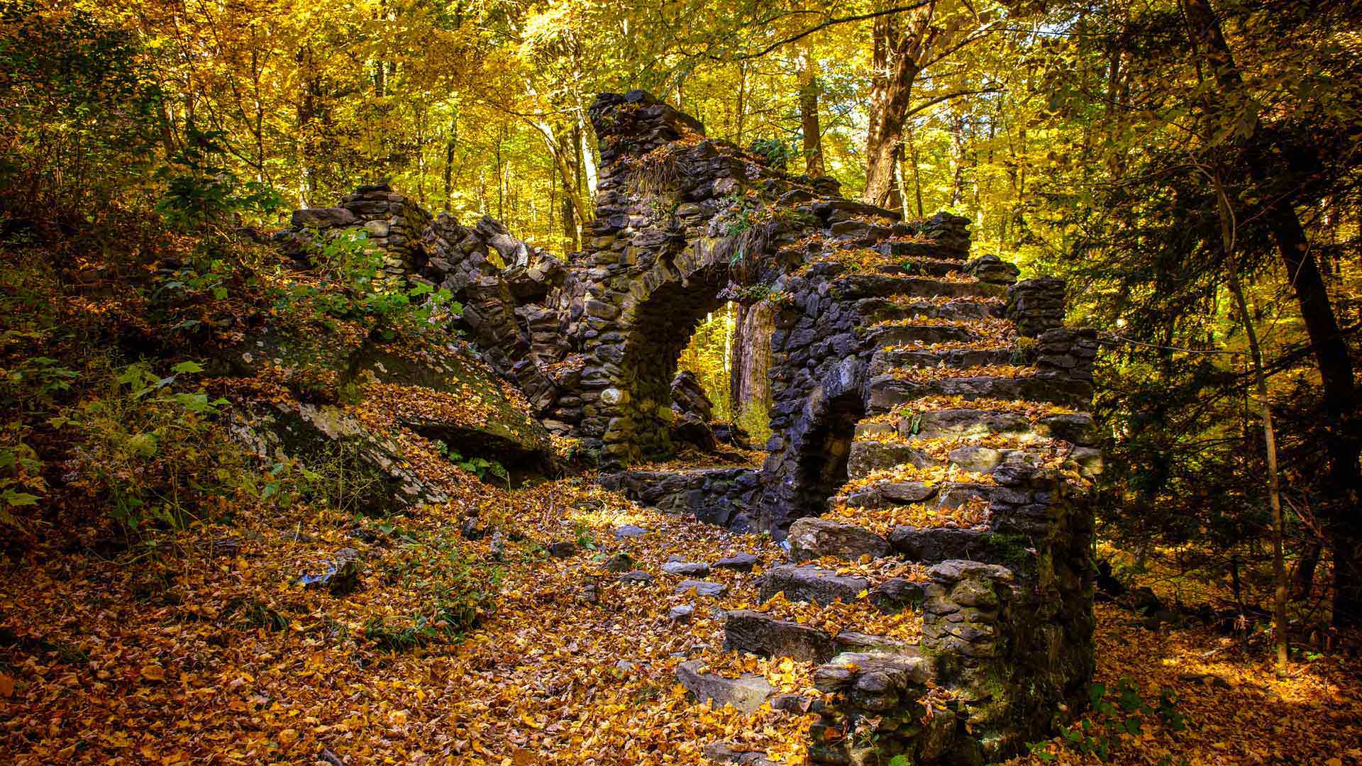 雪莉夫人森林和古堡遗迹，新罕布什尔州，美国 (© yggdrasill/Shutterstock) Bing Everyday Wallpaper 2024-10-23, pQl4G0 [Bing Everyday Wall Paper 2024-10-23] url = http://www.bing.com/th?id=OHR.MadameSherriCastle_ZH-CN8101580548_1920x1080.jpg